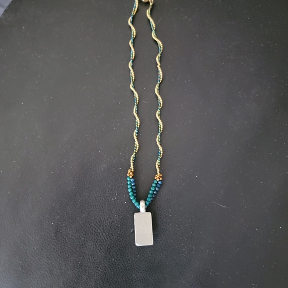 18" Beaded Gold and Green necklace with 1" silver Pendant with rainbow stone - Picture 6 of 11